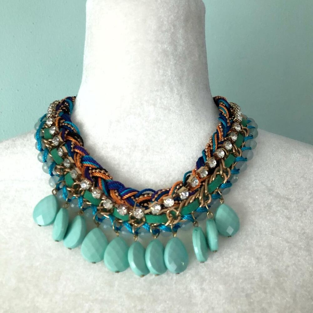 Maximalist Layered Rhinestone Aqua Bead Cord Bib Necklace Statement